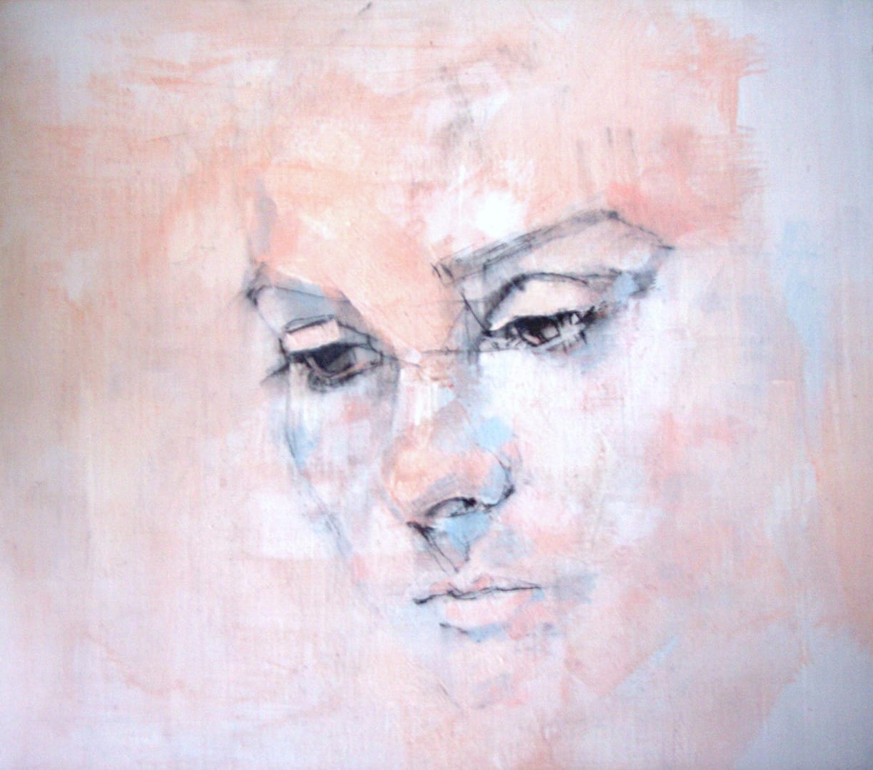 Portrait of Sinead O'Connor - Limited Edition Print 1 A soft, abstract portrait of a womans face rendered in light pastel shades. The features are sketched with delicate lines, creating a dreamy, contemplative expression against a pale background.