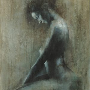A moody, monochromatic painting of a nude woman seated in profile with her head bowed and eyes closed, rendered in cool shades of blue and gray against a textured background.