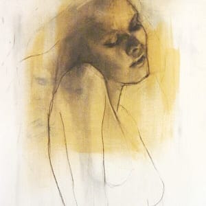 The Portrait of Anna Friel - Limited Edition Print features a dreamy black-on-white sketch of a woman with closed eyes and soft yellow and brown shading, capturing quiet beauty—perfect for art commissions.
