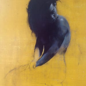 Shop 8 Beauty - Limited Edition Print depicts a partially sketched figure with dark hair against a textured yellow background, featuring detailed upper body in dark hues and a faintly outlined lower body that celebrates figurative art.