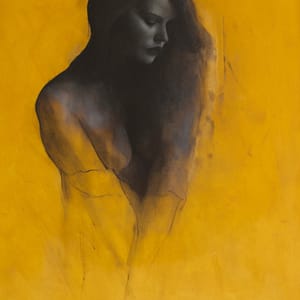 Shop 12 Grace - Limited Edition Print: This partially abstract portrait features a woman with long hair and closed eyes, rendered in dark tones that blend into a vibrant yellow background. Available as a limited edition print.