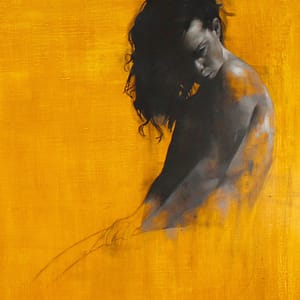 Rodin by Degas - Limited Edition Print 3 Musings in Yellow - Limited Edition Print (print run 50) features a bare-shouldered figure with dark, wavy hair gazing downward, softly blending into a textured yellow-orange background.