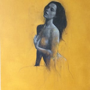 Shop 9 I Wish - Limited Edition Print: A fine art nude oil painting of a woman with long dark hair, posed with one arm across her chest, set against a solid yellow background and rendered in soft, muted grayscale tones.
