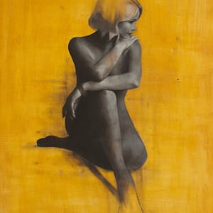 Shop 11 Peace - Limited Edition Print: A black-and-white painterly depiction of a seated nude woman with short hair on a textured yellow background, gazing right, embodying contemplative beauty.
