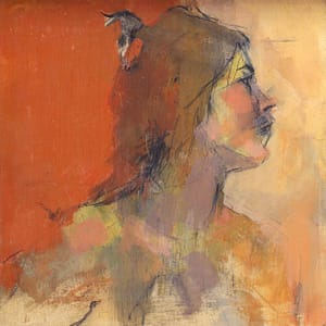 Girl in Orange - Limited Edition features abstract figurative art of a softly blurred profile, painted with earthy reds, yellows, and browns on an orange and beige background for an impressionistic effect.
