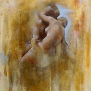 Rodin by Degas - Limited Edition Print portrays two nude figures in an intimate embrace, painted with soft, blurred lines and warm earthy tones. A hazy gold and beige backdrop lends the figurative artwork a dreamlike elegance.