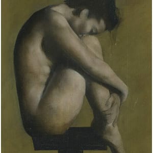A nude figure sits on a black platform with knees drawn to chest and head resting on knees, set against a muted yellow background. Olive - Limited Edition highlights muscle and form in a contemplative pose with soft lighting.