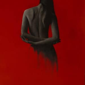 Red - Limited Edition features a painterly grayscale back view of a headless figure with crossed arms, set against a vivid red background. The figure merges into the lower backdrop, evoking surreal emotion in figurative art.