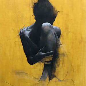 Shop 3 A partially abstract painting of a person sitting with knees drawn to chest, arms wrapped around legs, and head bowed. This piece offers contemporary figurative art for sale, featuring dark tones fading into abstraction on a vibrant yellow background.