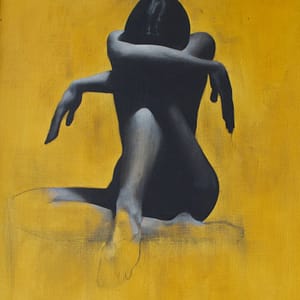 Shop 6 A painting of a seated figure with dark shading, arms draped over knees and head resting on crossed arms, set against a vibrant yellow background. This introspective figurative art print is available as a limited edition.