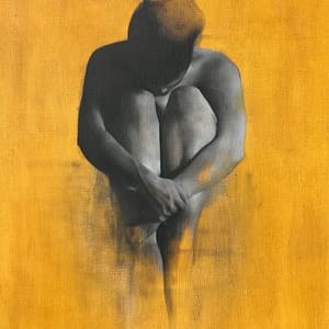 Shop 7 A grayscale painting of a seated figure with knees drawn to their chest, set against a textured yellow background. This introspective piece is part of the figurative art prints collection at Patrick Palmer Gallery, with art prints for sale.