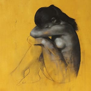 Dream - Limited Edition Print 7 The Hidden - Limited Edition Print features a grayscale depiction of a nude figure, seated with knees drawn up and arms crossed, head resting gently, set against a vivid yellow background.