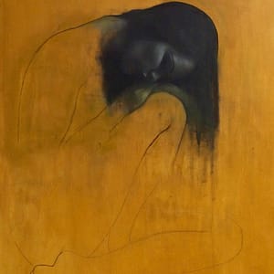 Shop 10 Where Nobody Knows - Limited Edition Print: A minimalist artwork of a long-haired figure seated with face resting on their knee, outlined in faint lines against a warm brown background, capturing a contemplative mood.