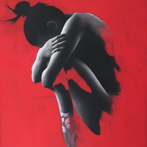 A ballet dancer sits curled up with arms wrapped around her knees against a vivid red background, her form mostly in shadow except for highlighted areas—a striking example of original figurative art for sale, evoking a dramatic and contemplative mood.