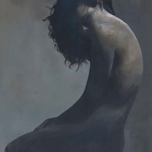 Prettiest Girl in Town (Full-colour version) - Limited Edition features a figure with dark, tousled hair, seated and hunched forward in moody shadows against a gray backdrop—a striking example of contemporary figurative art.
