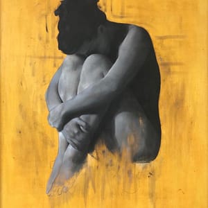 A grayscale figure sits with knees drawn to the chest, arms wrapped around them, against a textured golden yellow background. The face is obscured in shadow, capturing introspection—an evocative piece of contemporary figurative art for sale.