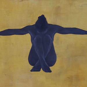 Shop 1 A dark, shadowy silhouette of a person sits cross-legged with arms stretched wide against a textured yellow background, capturing the essence of Yellow Art while evoking a sense of openness and balance.