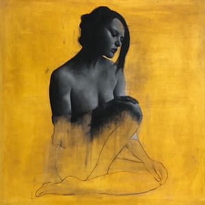 Shop 9 A grayscale, partially unfinished painting of a seated, nude woman with dark hair against a vibrant yellow background. Perfect for those seeking unique female nude art commissions that blend realism with sketch-like abstraction.