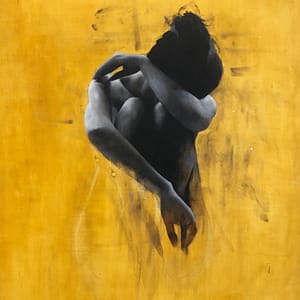 Look Away" features a painterly monochrome figure seated with arms crossed over their face and knees, set against a textured mustard yellow backdrop, evoking introspection and deep emotion in this striking figurative artwork.