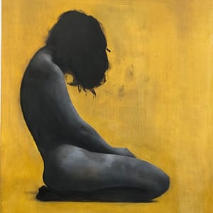 Silence" is a grayscale figurative painting depicting a nude figure with long hair, kneeling and sitting on their legs, head bowed against a textured yellow background. The intimate pose evokes introspection and quiet beauty.