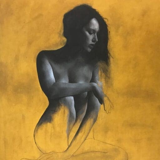 Georgie - Limited Edition Print features a grayscale nude woman seated with her arm on her knee, set against a textured yellow background. This artwork captures unfinished beauty as the figure merges with the backdrop.