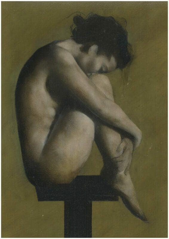 Olive - Limited Edition 1 A nude figure sits on a black platform with knees drawn to chest and head resting on knees, set against a muted yellow background. Olive - Limited Edition highlights muscle and form in a contemplative pose with soft lighting.