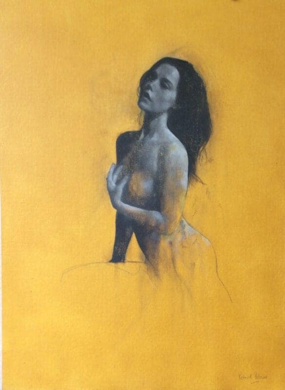 I Wish - Limited Edition Print 1 I Wish - Limited Edition Print: A fine art nude oil painting of a woman with long dark hair, posed with one arm across her chest, set against a solid yellow background and rendered in soft, muted grayscale tones.