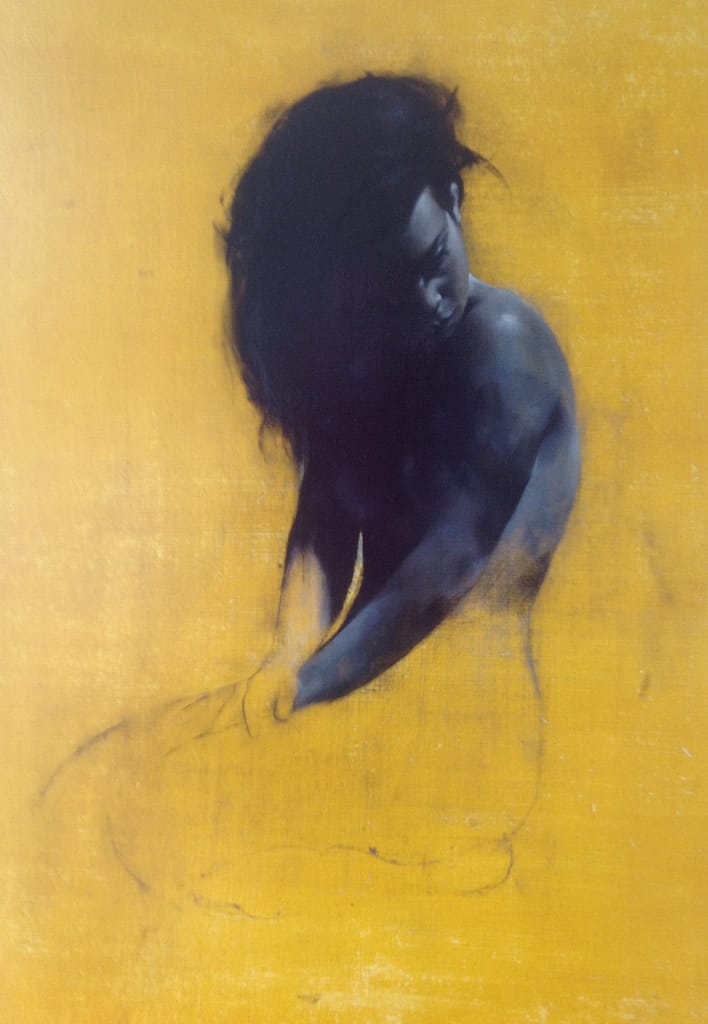 The Beauty of Yellow 15 Monochrome Oil Painting by Patrick Palmer on Yellow ochre background. Woman seated and looking to her left. Title ‘Beauty’.