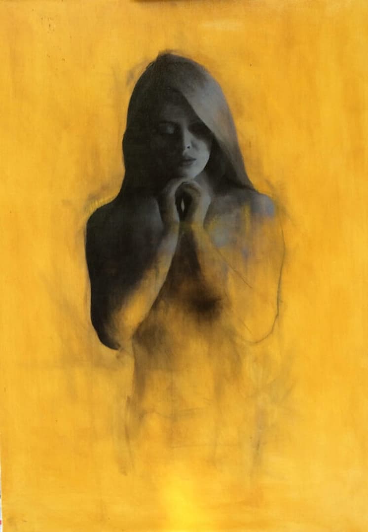 Prayer - Limited Edition Print 1 Prayer - Limited Edition Print: A shadowy woman with long hair clasps her hands in prayer under her chin, emerging from a vivid yellow background. Her form softly blends into the textured backdrop.