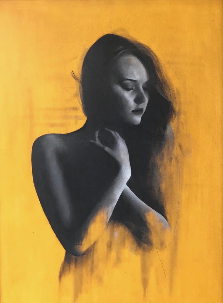 The Beauty of Yellow 21 Oil Painting by Patrick Palmer on Yellow background of the model Carla Monaco.