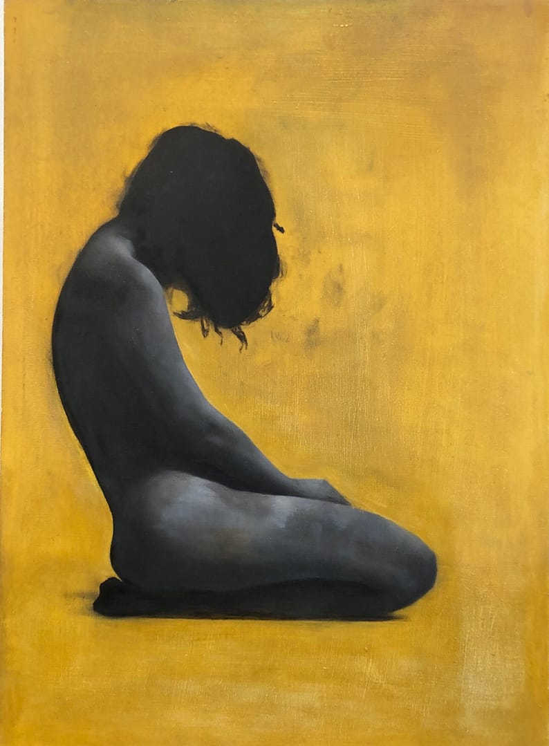 Silence 1 Silence" is a grayscale figurative painting depicting a nude figure with long hair, kneeling and sitting on their legs, head bowed against a textured yellow background. The intimate pose evokes introspection and quiet beauty.