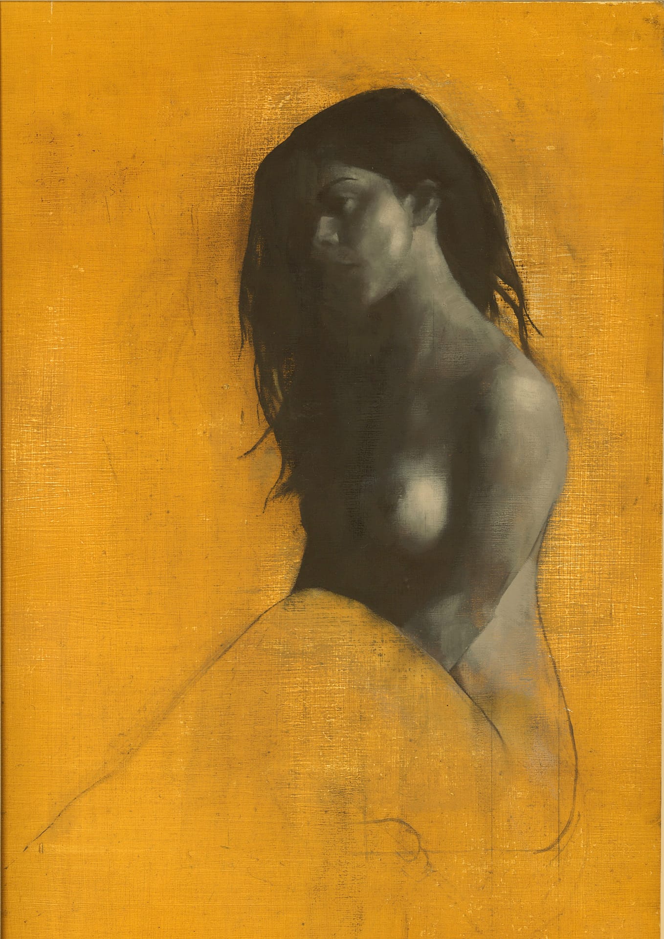 The Beauty of Yellow 9 Monochrome Oil Painting by Patrick Palmer on Yellow ochre background. Woman seated. Title - 'Sophia'.