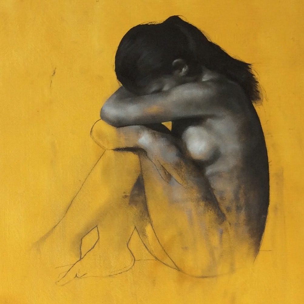 Gallery 15 Monochrome sketchy Oil Painting of seated woman with head in her knees by Patrick Palmer on Yellow background. The title of the painting is 'Hidden'.