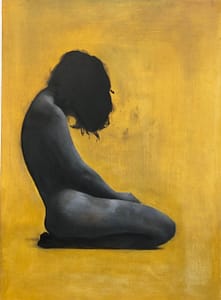 Silence" is a grayscale figurative painting depicting a nude figure with long hair, kneeling and sitting on their legs, head bowed against a textured yellow background. The intimate pose evokes introspection and quiet beauty.