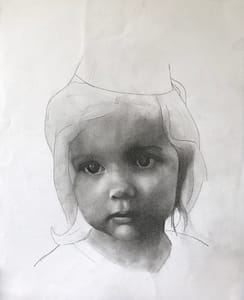 A realistic pencil drawing of a young child’s face, partially shaded and unfinished at the top, showcases soft features and light hair. Perfect for those interested in figurative art commissions or personalized art commissions.