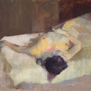 Abstract nude figure reclining on bed