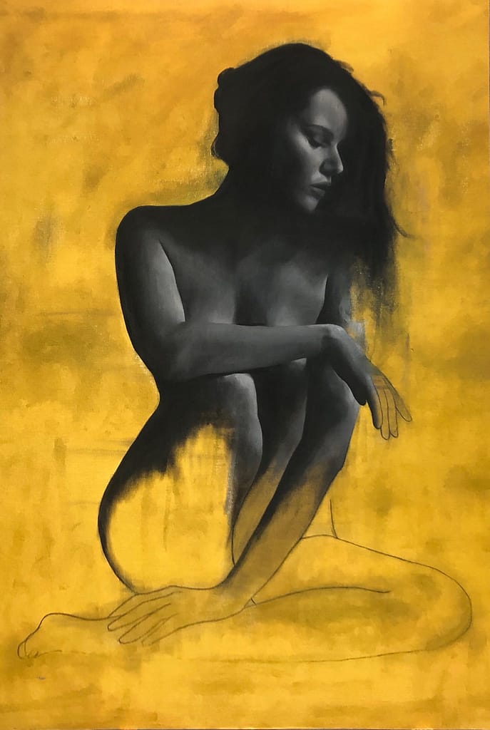 A grayscale painting of a seated nude woman with dark hair, set against a vibrant yellow background. This original figurative art for sale captures an introspective pose, with her head tilted and one arm resting on her raised knee.