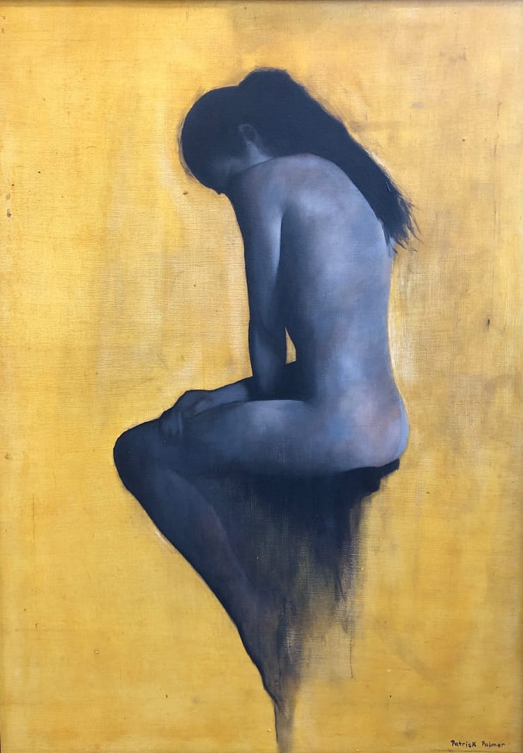 Gallery 22 A painting of a nude woman sitting in profile with head bowed and arms resting on her knees, against a golden yellow background. This contemplative figure is softly shadedโone of our evocative figurative oil paintings for sale online.