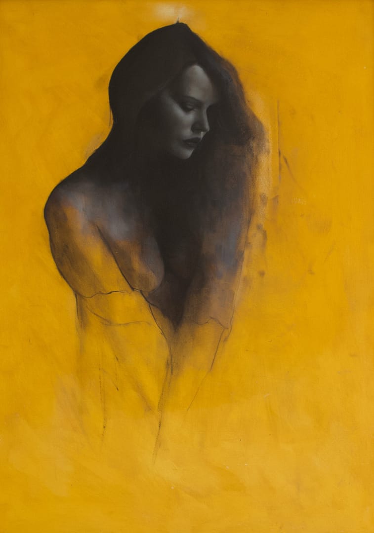 Gallery 17 Monochrome Oil Painting on yellow background by Patrick Palmer. Titled 'Grace'. The pose is of a girl's head with long flowing hair and looking down to her left.