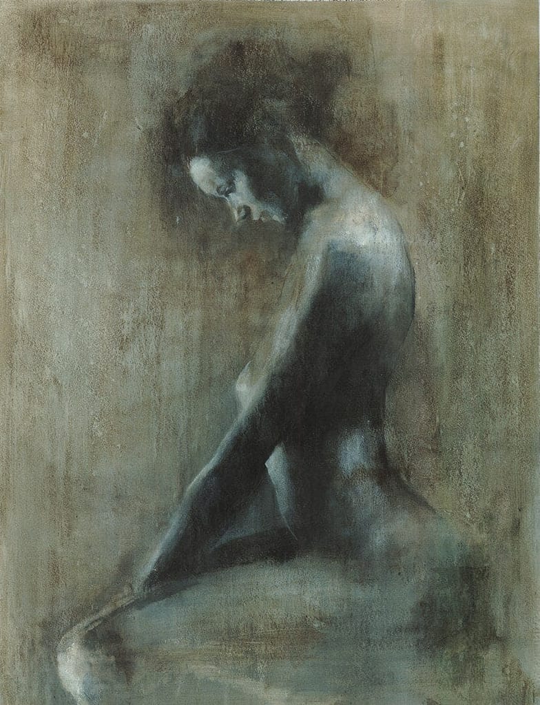 Gallery 30 Looking Down - oil painting by Patrick Palmer. Woman seated with hands on knees.