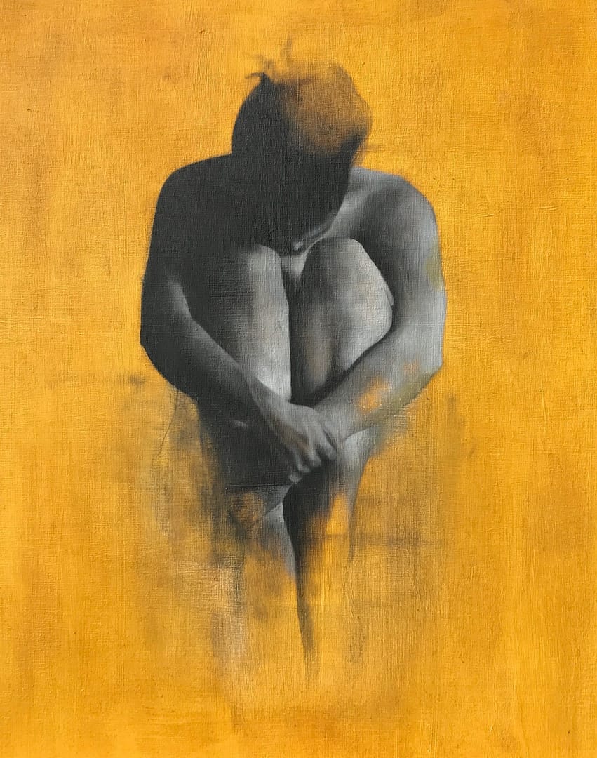 Gallery 12 Monochrome sketchy Oil Painting of seated woman with head in her knees - front view - by Patrick Palmer on Yellow background. The title is 'The Dream'.