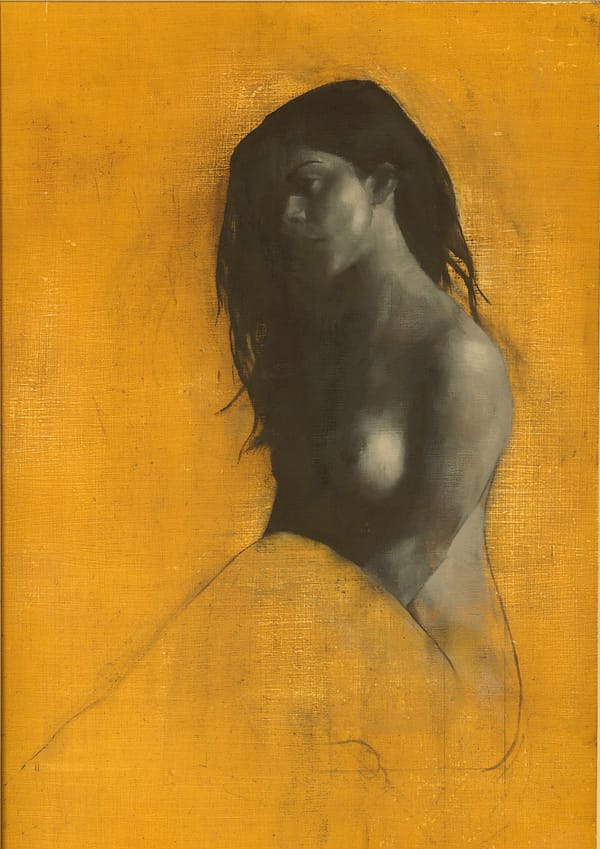 Monochrome Oil Painting on yellow background by Patrick Palmer. Titled 'Sophia'. The pose is of a girl seated looking to her right.