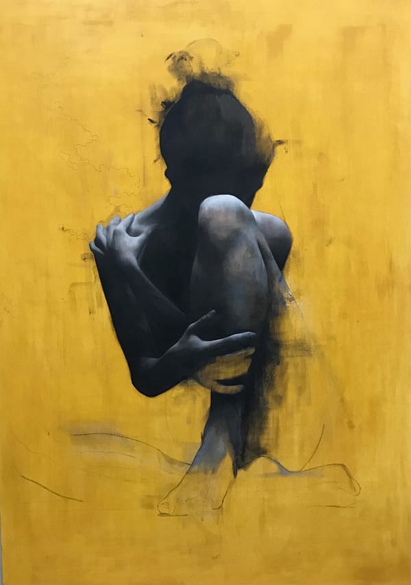 Monochrome sketchy Oil Painting of seated woman with head in her knees - front view - by Patrick Palmer on Yellow background. The title is 'When the Storm Comes'.