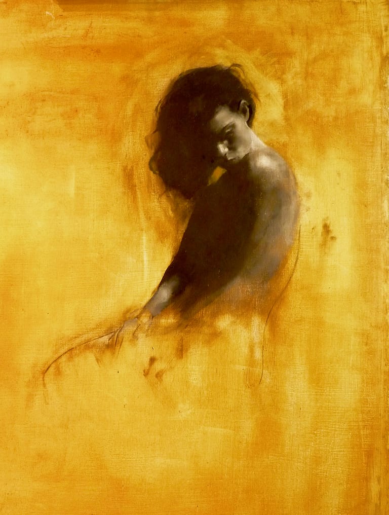 Monochrome Oil Painting by Patrick Palmer on Yellow ochre background. Woman seated and looking down and. to her left. Title - 'The Prettiest Girl in Town'.